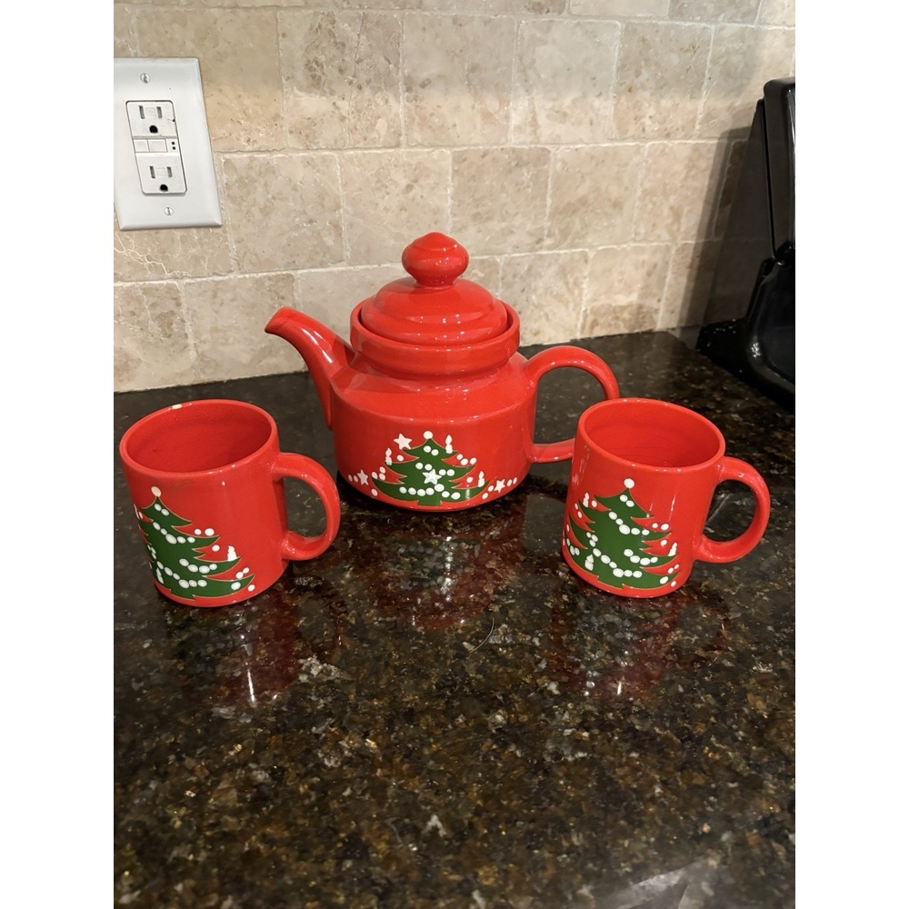 Vintage Waechtersbach W. Germany Red Christmas Tree Teapot & 2 Mugs Coffee Set